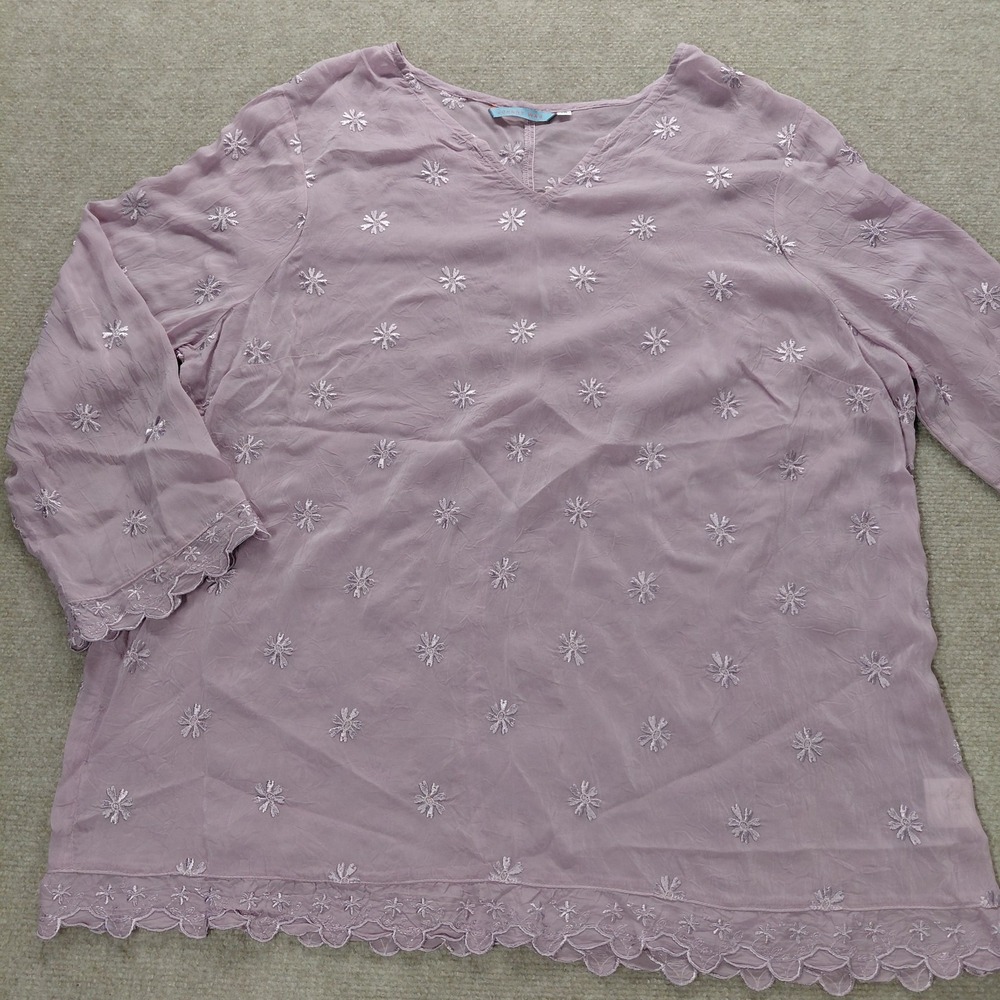 VTG Johnny Was 1X Lilac Purple Floral Embroidered Scalloped V-Neck Long Sleeve